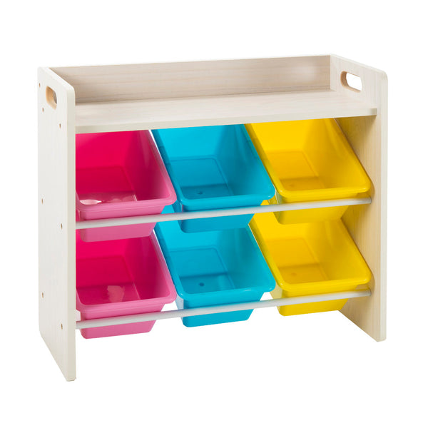 Multi-Coloured Storage Bin Organiser – Wood – 6 Bins