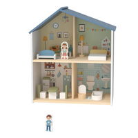 hi Pando - Pretend & Play - Wooden Doll House With Figurines - 14pcs
