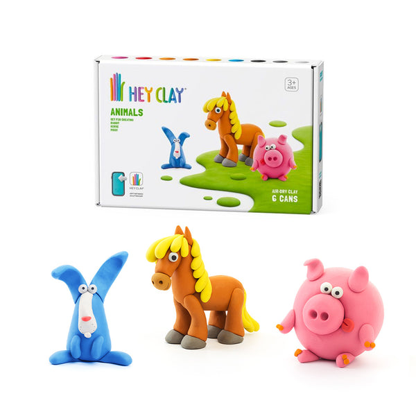 Hey Clay - Modelling Air-Dry Clay with Fun Interactive App - Piggy, Horse, Rabbit, Series Animals, 6 cans
