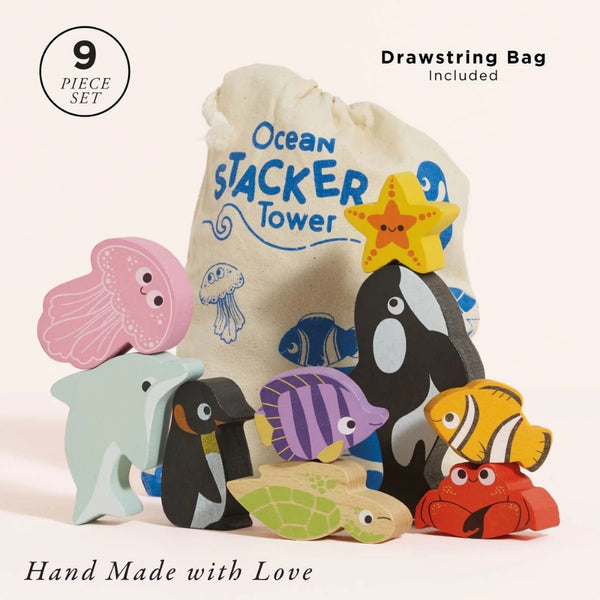 Le Toy Van – Wooden Ocean Life Stacking Animals & Bag – 10pcs